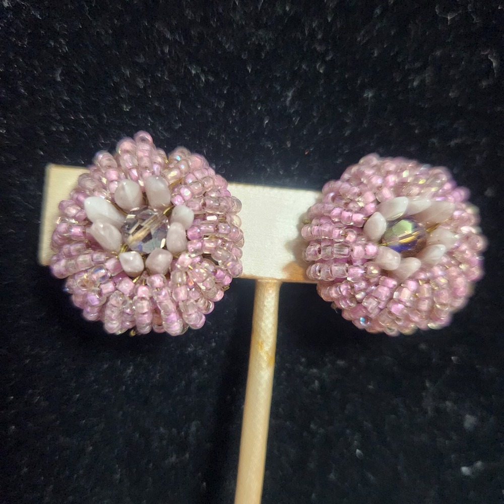 Eugene Vintage Pink Seed Bead Crystal Cluster Clip On Earrings  Mid Century